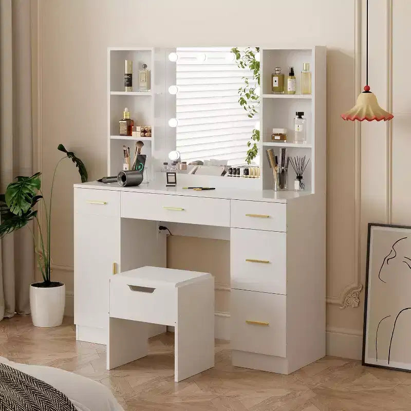 Vanity Desk with LED Mirror, 5 Drawers and 6 Open Shelves, Adjustable Lighting, Dressing Table