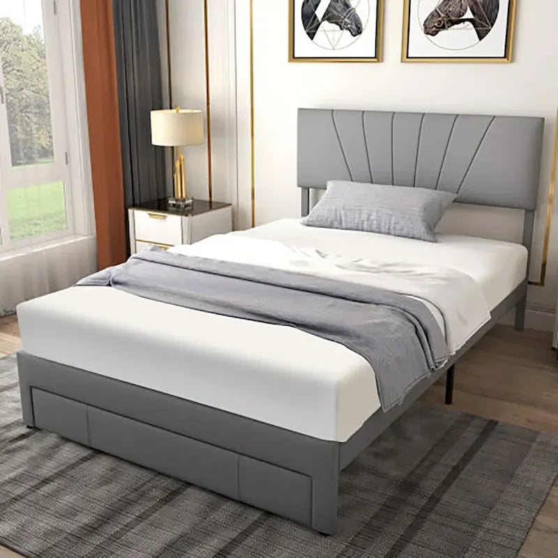 Linen Platform Bed Frame – Grey, Adjustable Headboard, 1 Pull-Out Drawer, Full / Queen, Sleeps 1