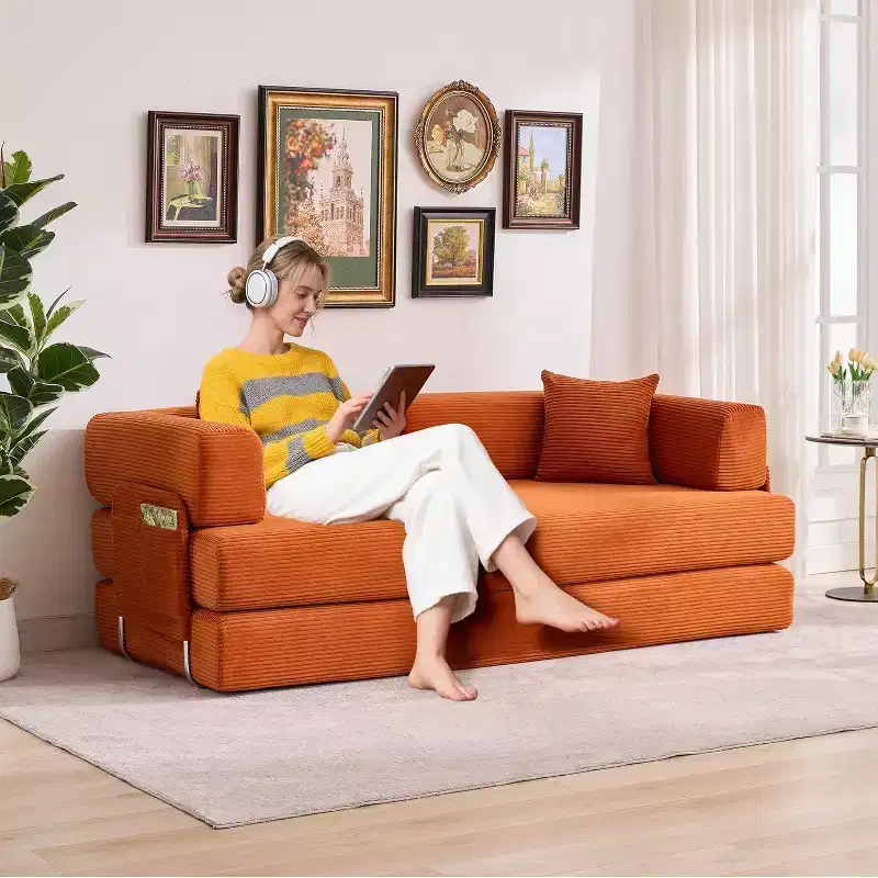 Convertible Couch, Folding Sofa Bed with 2 Pillows, Plush Corduroy Boneless Convertible Sofa, No Assembly Required for Living Room, Bedroom