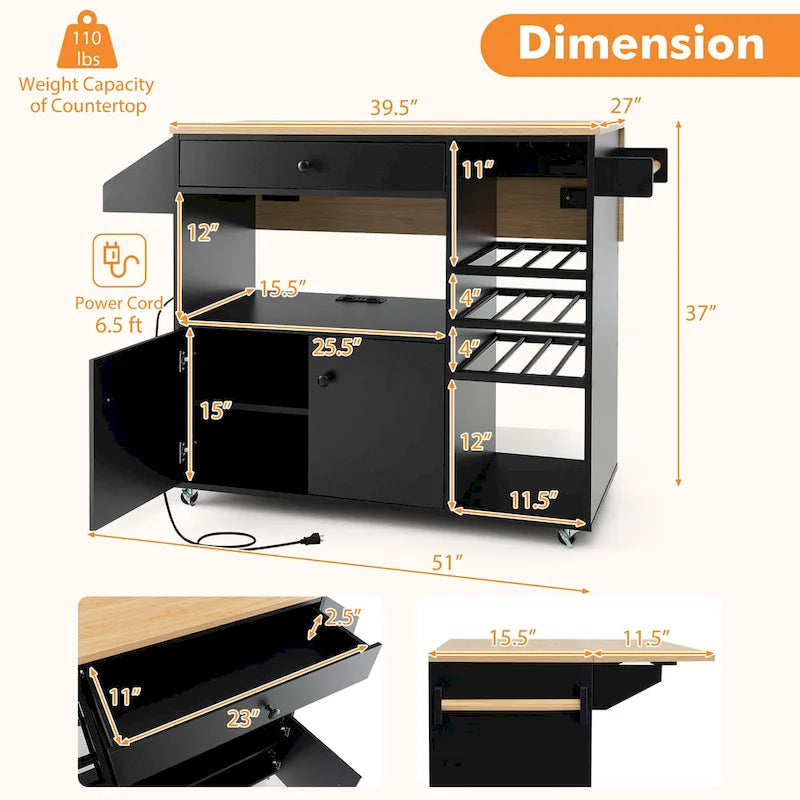 Kitchen Island Cart – White / Brown / Black, Drop-Leaf, Power Outlet, Wine Rack, Microwave Shelf, Casters