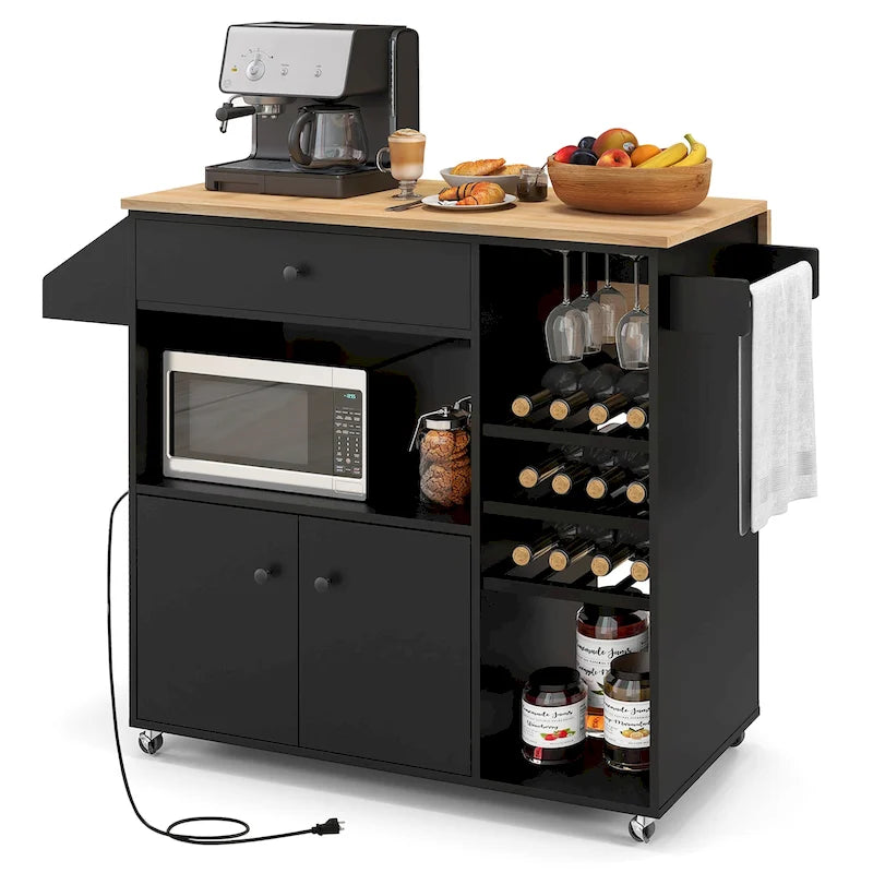 Kitchen Island Cart – White / Brown / Black, Drop-Leaf, Power Outlet, Wine Rack, Microwave Shelf, Casters