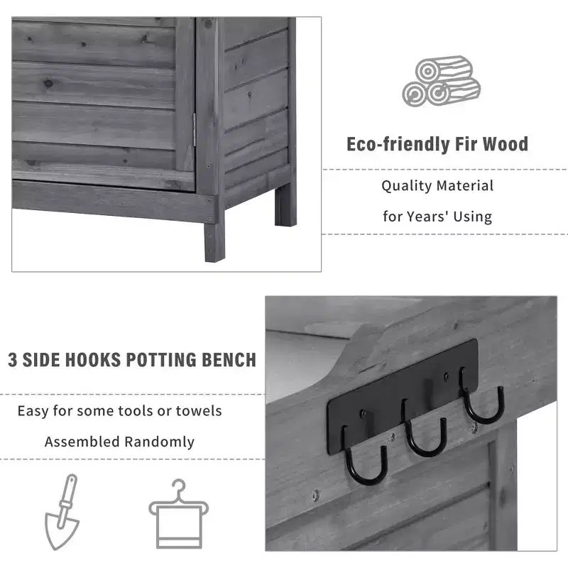 Outdoor Potting Bench with 2-Tier Shelves & Side Hooks, Galvanized Tabletop, Garden Workstation