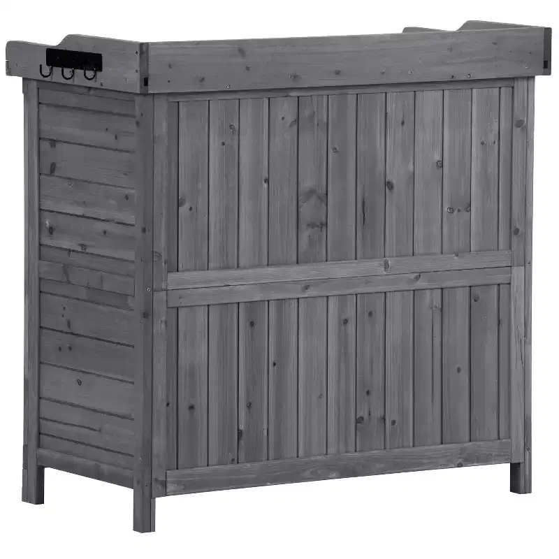 Outdoor Potting Bench with 2-Tier Shelves & Side Hooks, Galvanized Tabletop, Garden Workstation