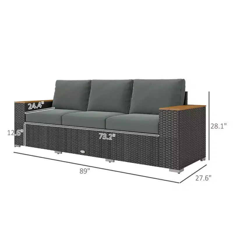 3-Seat Outdoor Patio Sofa with Cushions, PE Rattan Wicker Sofa with Wide Armrests, Outdoor Wicker Couch