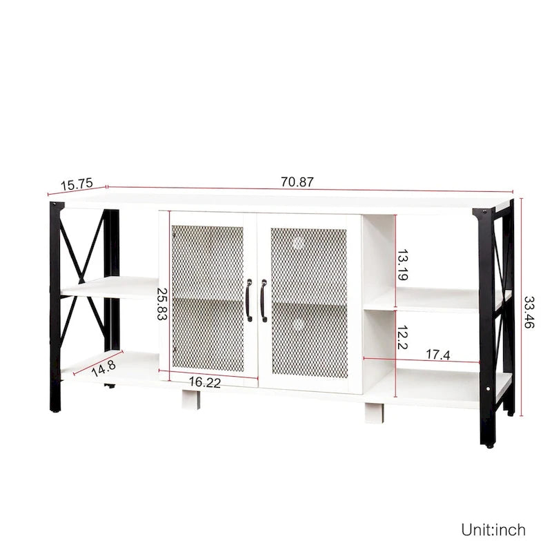 80-Inch Industrial TV Stand – Espresso / Walnut / White, Wood & Metal, Open Shelving with Mesh Door