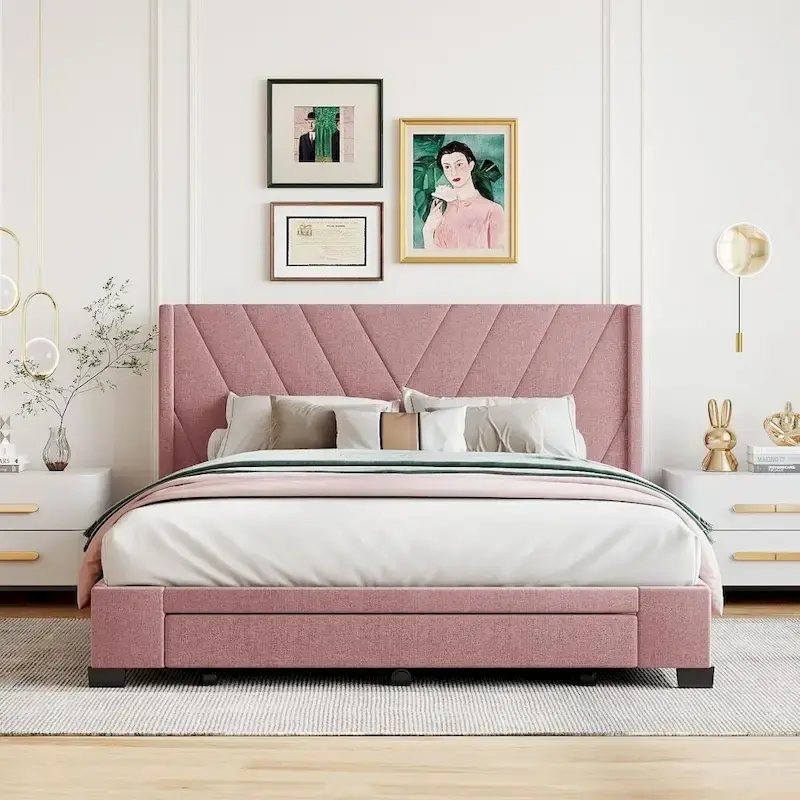 Queen Size Storage Bed Linen Upholstered Platform Bed with 3 Drawers