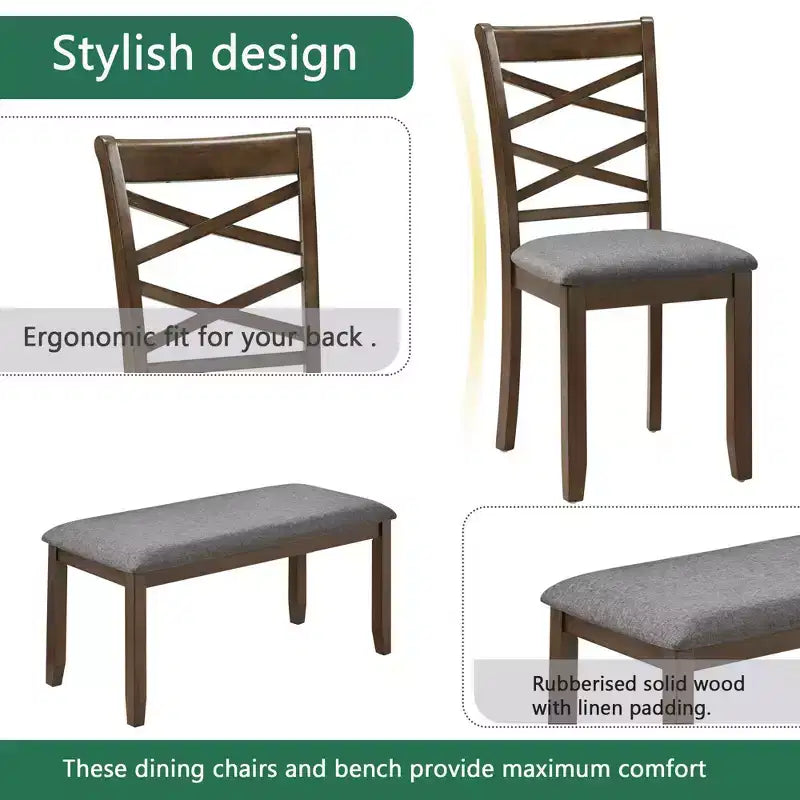 MAYEERTY 6-Piece Dining Set for 6, Wooden Rectangular Table + 4 Upholstered Chairs & Bench, Gray