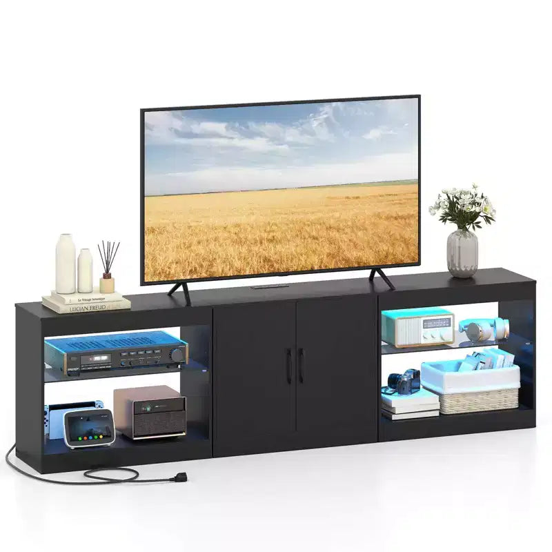 TV Stand with Power Outlets Adjustable LED Lights Storage Cabinet for TVs up to 85 Black/White