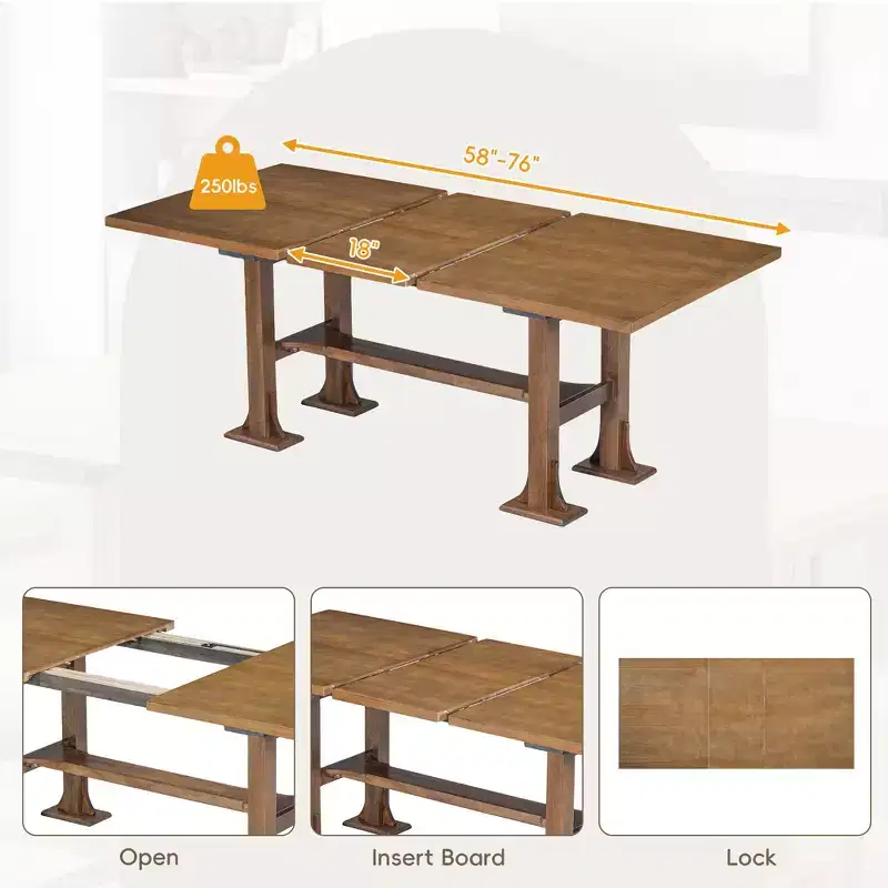6 Pieces Dining Table Set with Bench for 6, Kitchen Table Set with Storage Drawer and 4 Upholstered Dining Chairs