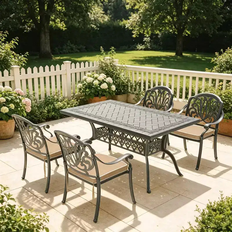 5-Piece Rectangular Cast Aluminum Patio Dining Set for Outdoor Backyard Garden Deck Poolside with Cushions