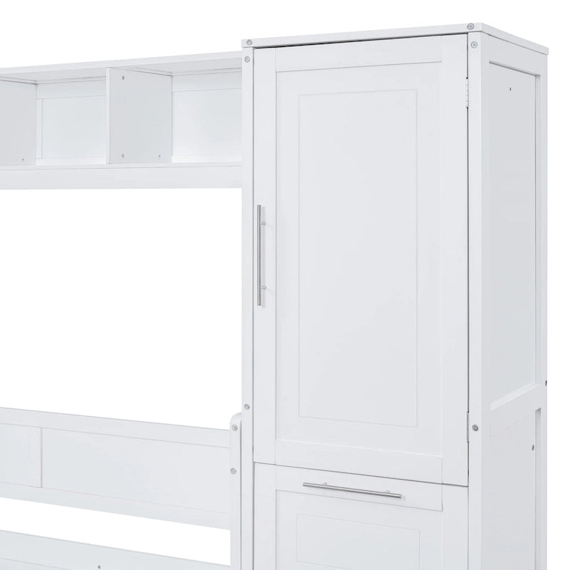 Full Size Murphy Bed – White, Wall-Fold, Built-in Shelf, Side Wardrobe & 2 Drawers, Sleeps 1