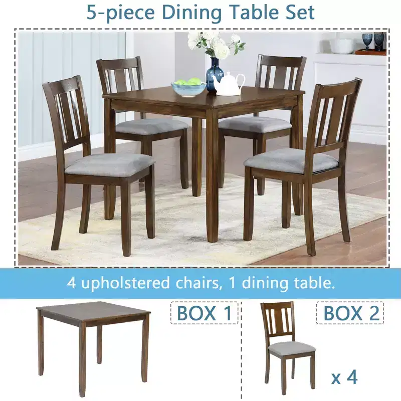 GDFStudio Kimura Rustic 5 Piece Acacia Wood Upholstered Dining Chairs with Square Dining Table