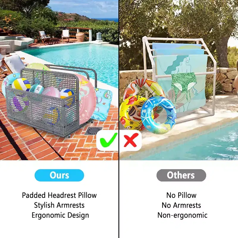 Pool Storage Bin with PE Rattan, Pool Organizer for Cushions & Floaties
