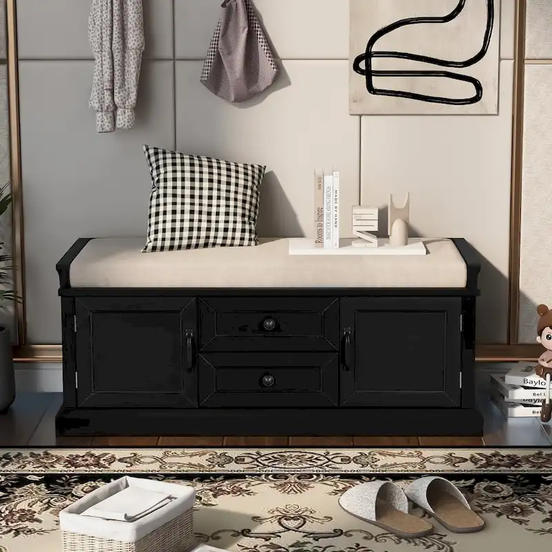 Storage Shoes Bench with 2 Drawers, 2 Cabinets and Removable Cushion