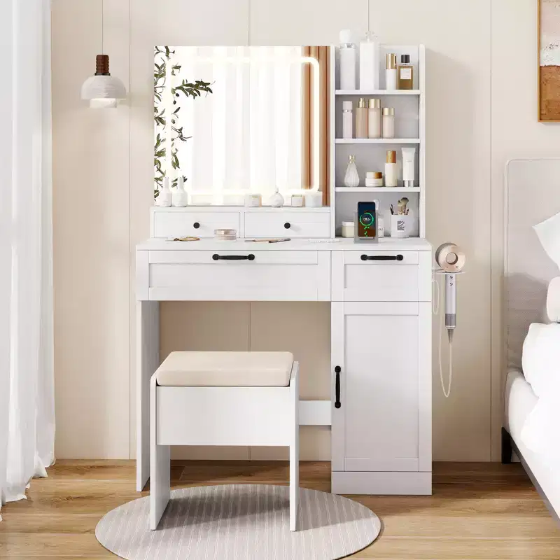 Costway Vanity Set w/Cushioned Stool Makeup Table w/Adjustable Lighting Mode Brightness