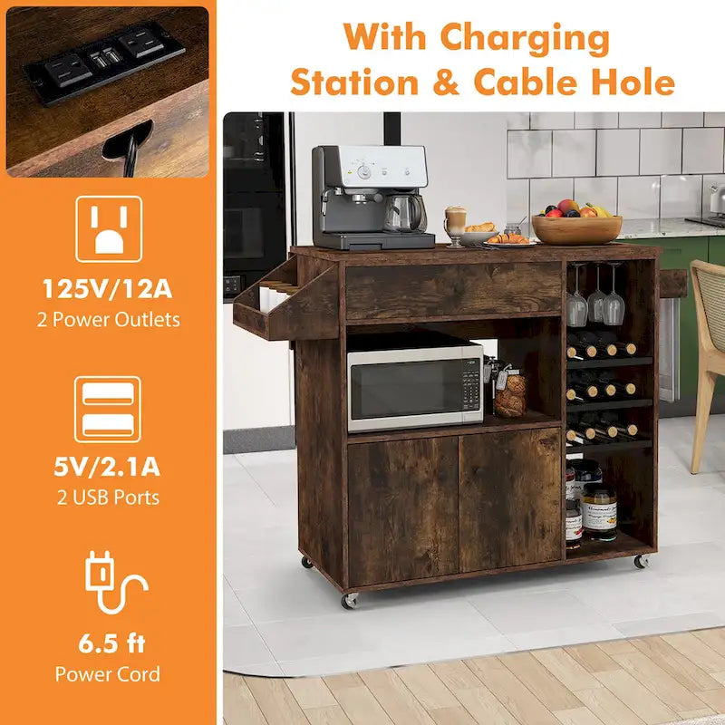 Kitchen Island Cart – White / Brown / Black, Drop-Leaf, Power Outlet, Wine Rack, Microwave Shelf, Casters