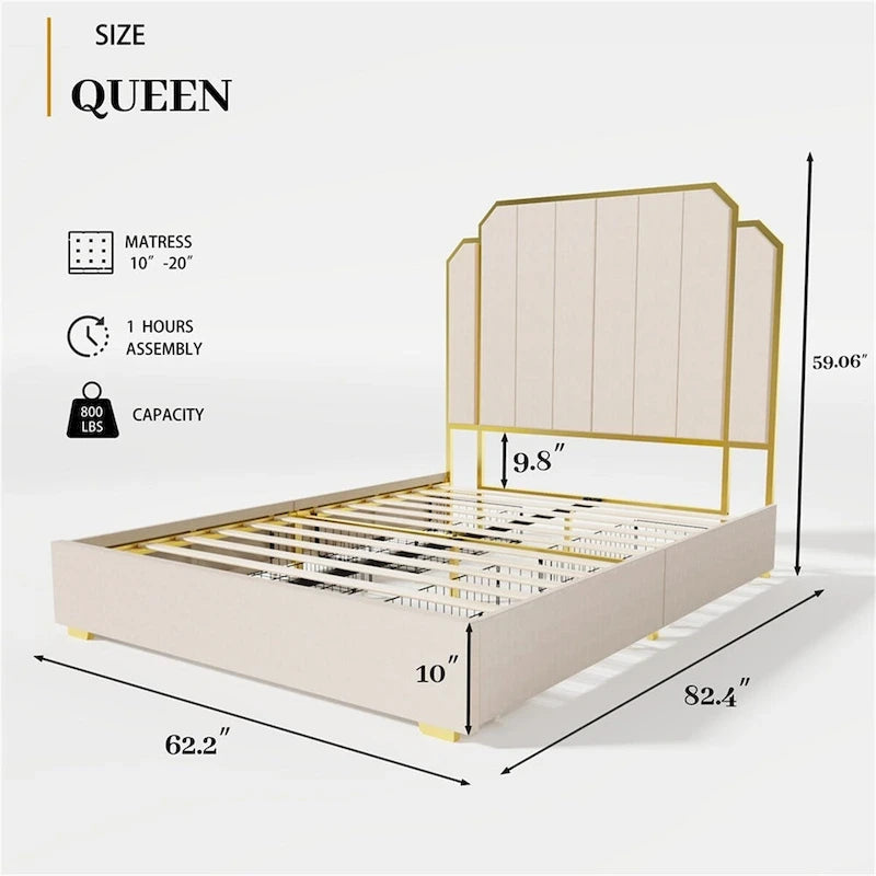 Queen Velvet Platform Bed – Gold + Creamy White / Black / Blue, Channel Headboard, 4 Storage Drawers, Sleeps 1