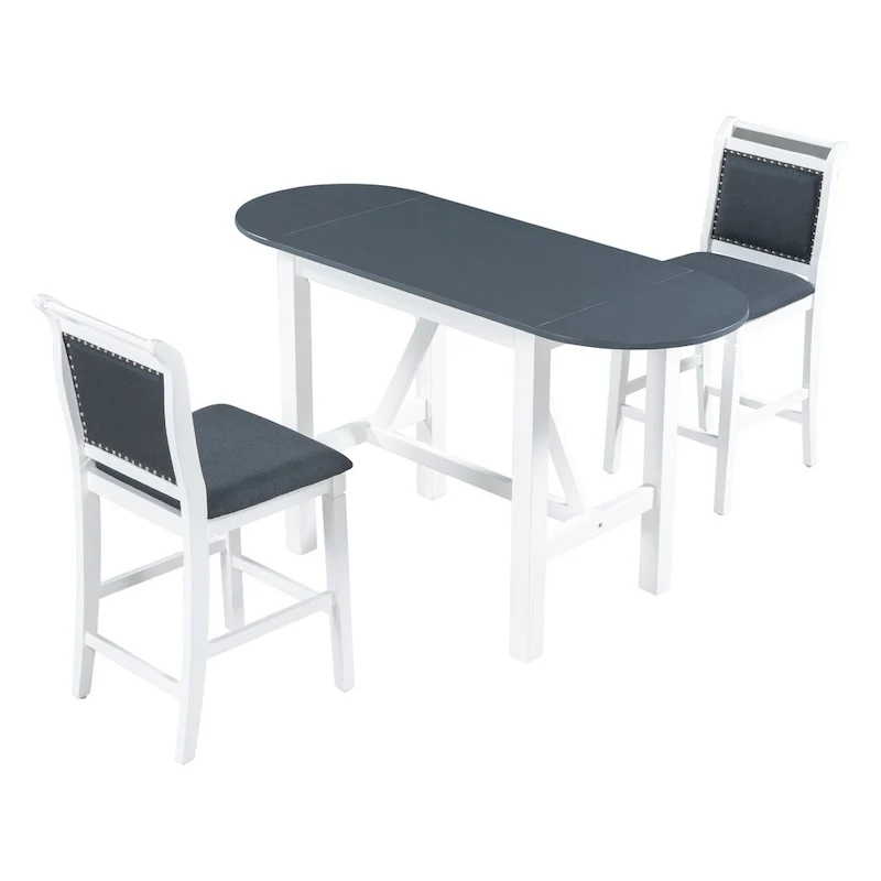 Rustic Style Wooden 3-Piece Dining Table Set with Drop Leaf and 2 Upholstered Dining Chairs