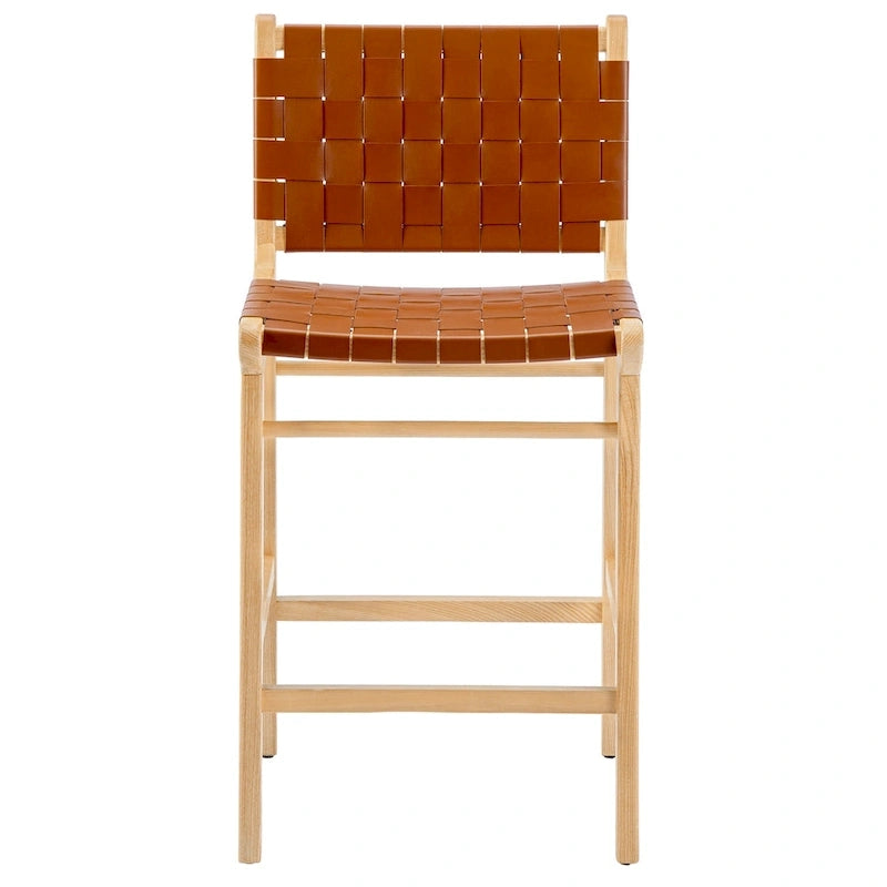 Woven Leather Counter Height Bar Stool, Ash Wood Frame, No Assembly
