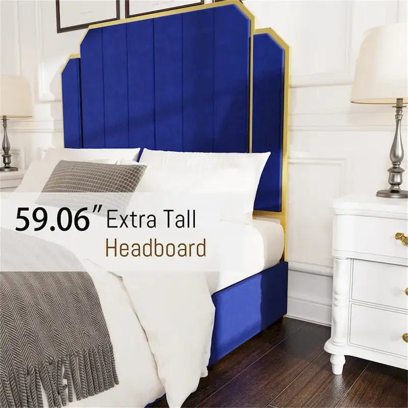 Queen Velvet Platform Bed – Gold + Creamy White / Black / Blue, Channel Headboard, 4 Storage Drawers, Sleeps 1