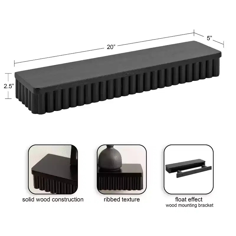 Kate & Laurel All Things Decor Set of 2 Reid Ribbed Floating Shelves Black