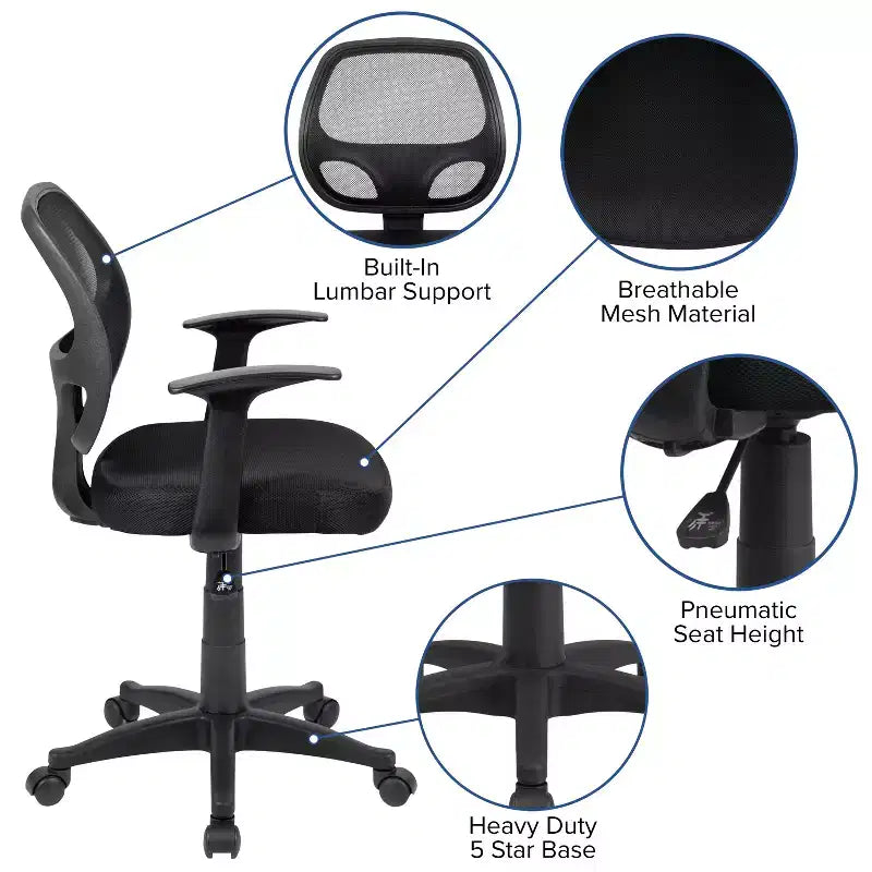 Mid-Back Black Mesh Swivel Task Office Chair with T-Arms