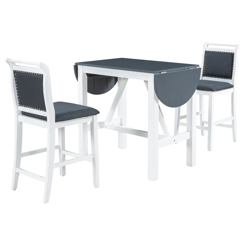 Rustic Style Wooden 3-Piece Dining Table Set with Drop Leaf and 2 Upholstered Dining Chairs
