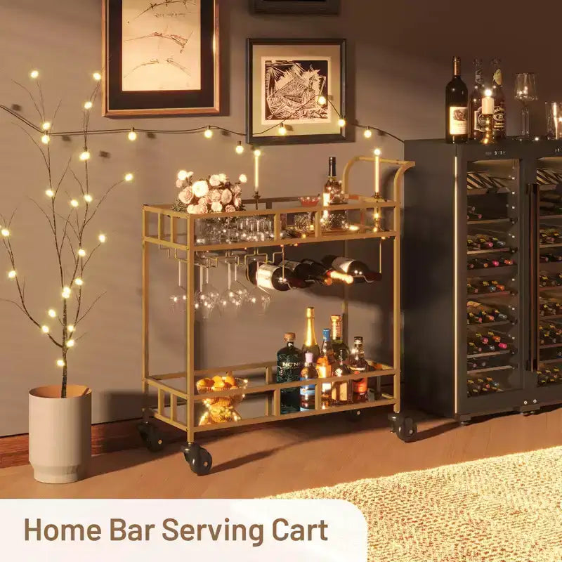 COZONY 2 Tier Bar Cart with Wine Rack and Glass Holder, Mirrored Mobile Serving Cart with Wheels for Kitchen Living Room
