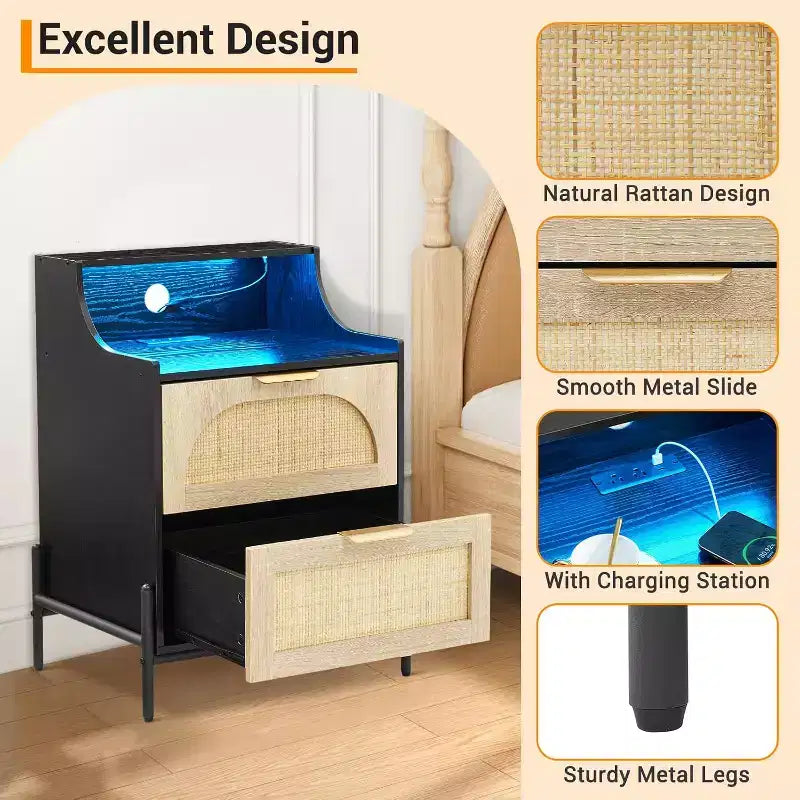 Nightstand with Outlets & USB - Adjustable Color Lighting Bedside Table, Rattan Side Table with 2 Drawers Storage