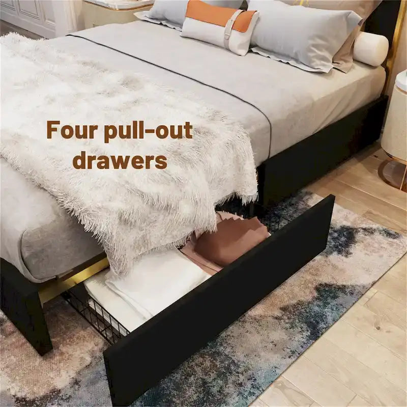 Queen Velvet Platform Bed – Gold + Creamy White / Black / Blue, Channel Headboard, 4 Storage Drawers, Sleeps 1