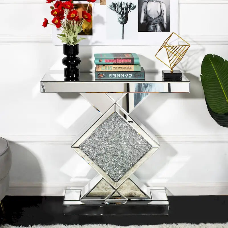 Geometric Mirrored Console Table – Silver, Glam Style, Diamond Lattice Base