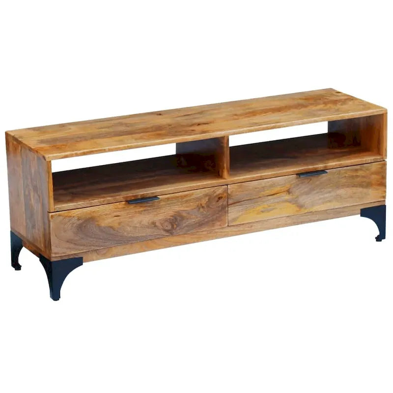 Handmade Mango Wood TV Stand – Brown, Rustic Style, 2 Drawers & 2 Compartments