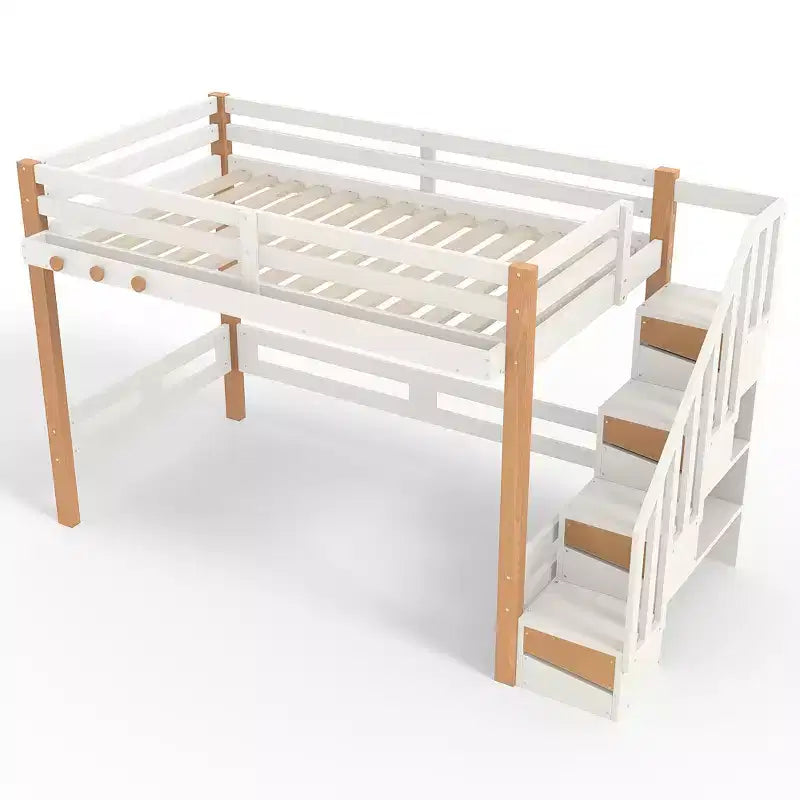 Modern Loft Bed with Storage Shelves, Clothes Hook and Underbed Space