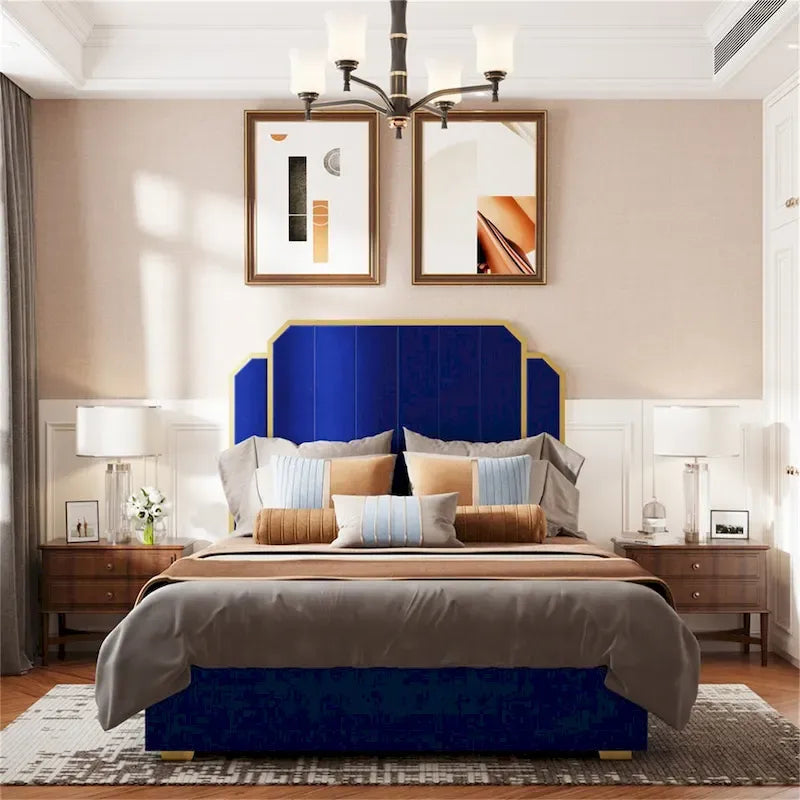 Queen Velvet Platform Bed – Gold + Creamy White / Black / Blue, Channel Headboard, 4 Storage Drawers, Sleeps 1