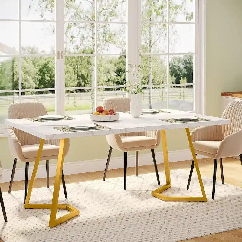 Dining Table – White & Gold / Brown / Grey, Faux Marble Top, Metal Frame, Adjustable Feet, Modern Style