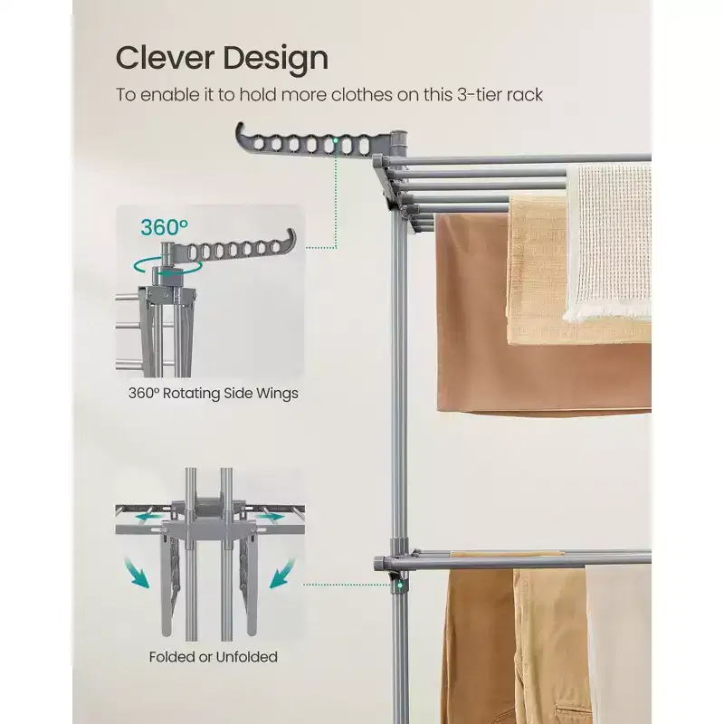 3-Tier Foldable Laundry Drying Rack, 58.3-Inch Tall with Wheels, 55lb Capacity, Rolling Clothes Horses, Indoor Outdoor Use, Dove Gray