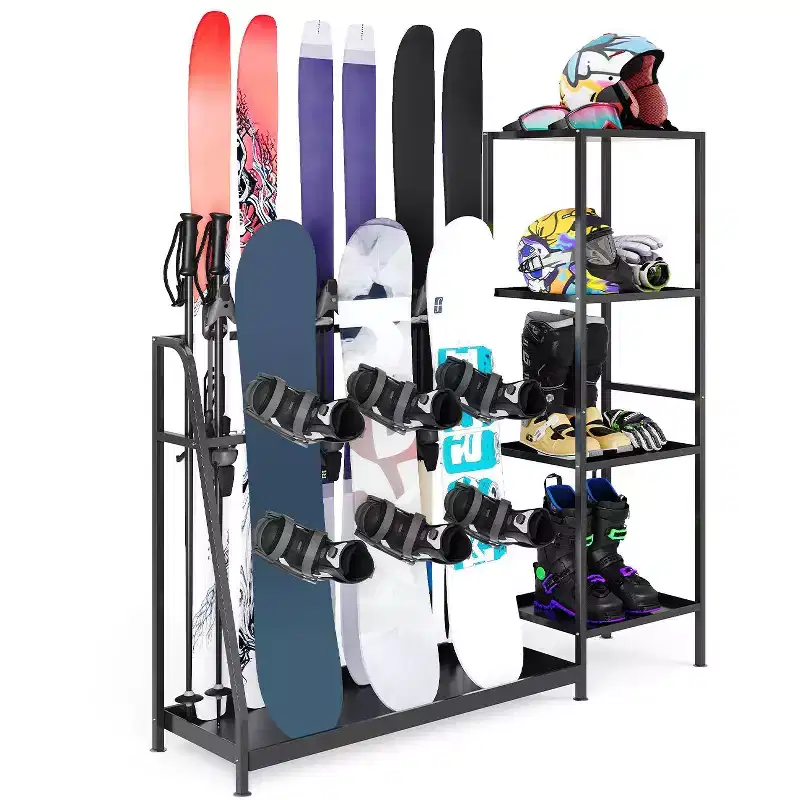 Freestanding Ski & Snowboard Rack, Heavy Duty Steel Storage Organizer, No Drilling for Garage, Holds Poles Helmets Boots