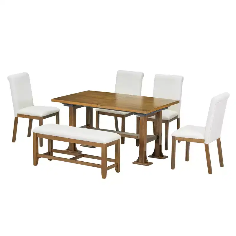 6 Pieces Dining Table Set with Bench for 6, Kitchen Table Set with Storage Drawer and 4 Upholstered Dining Chairs