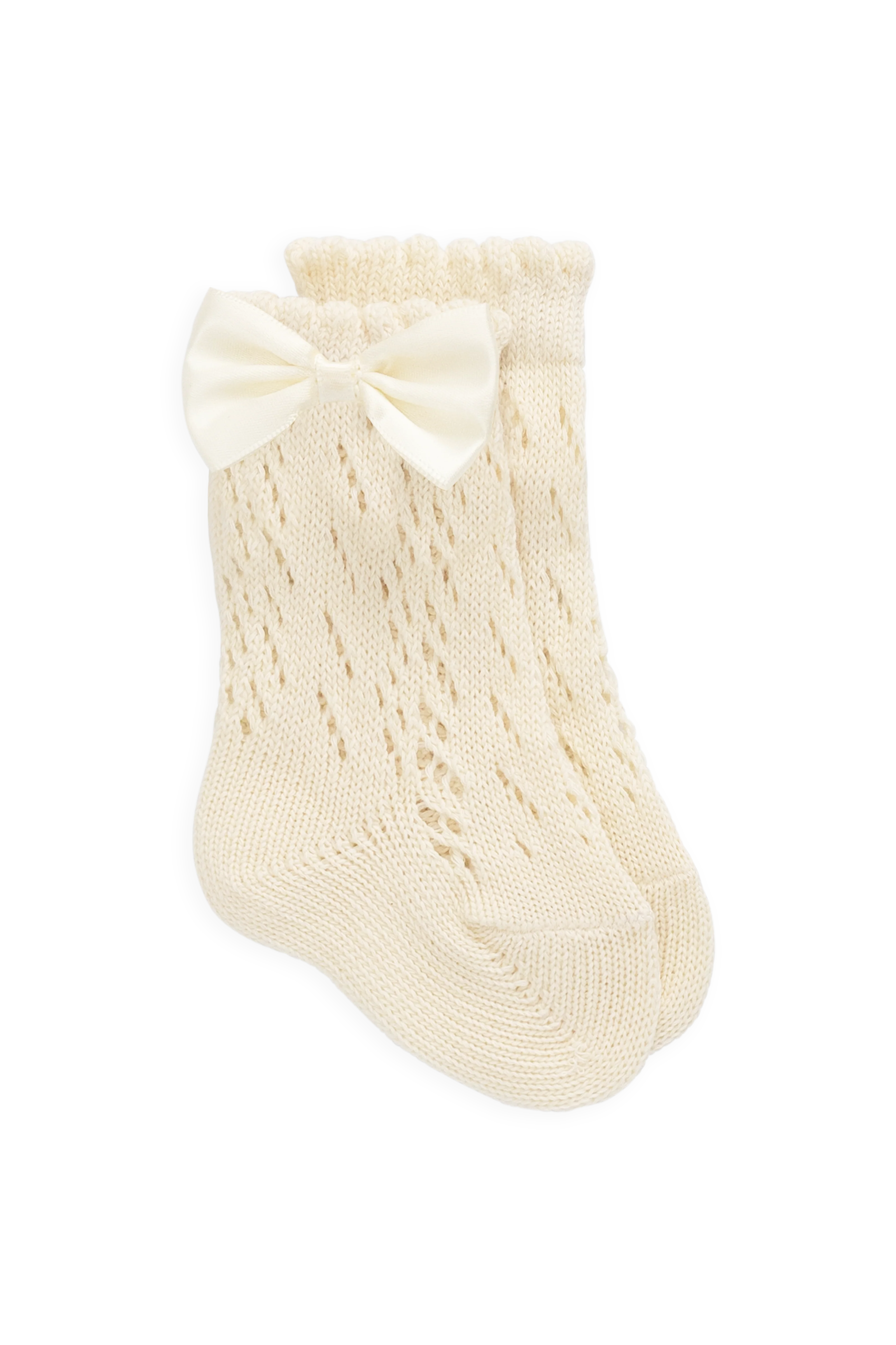 Delicate Milk Cotton-Polyester Textured Socks with Scalloped Cuff & Bow Detail for Girls NB–10Y