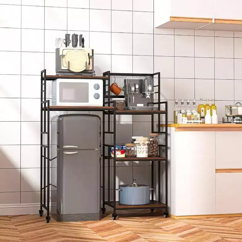 Fridge Shelf with Wheels 5 Tier Kitchen Bakers Rack Adjustable Microwave Oven Stand Table with Storage Fridge Stand