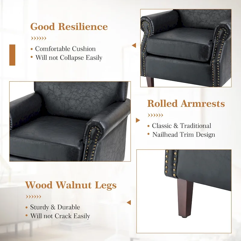 Transitional Leather Armchair with Nailhead Trim Rolled Arms