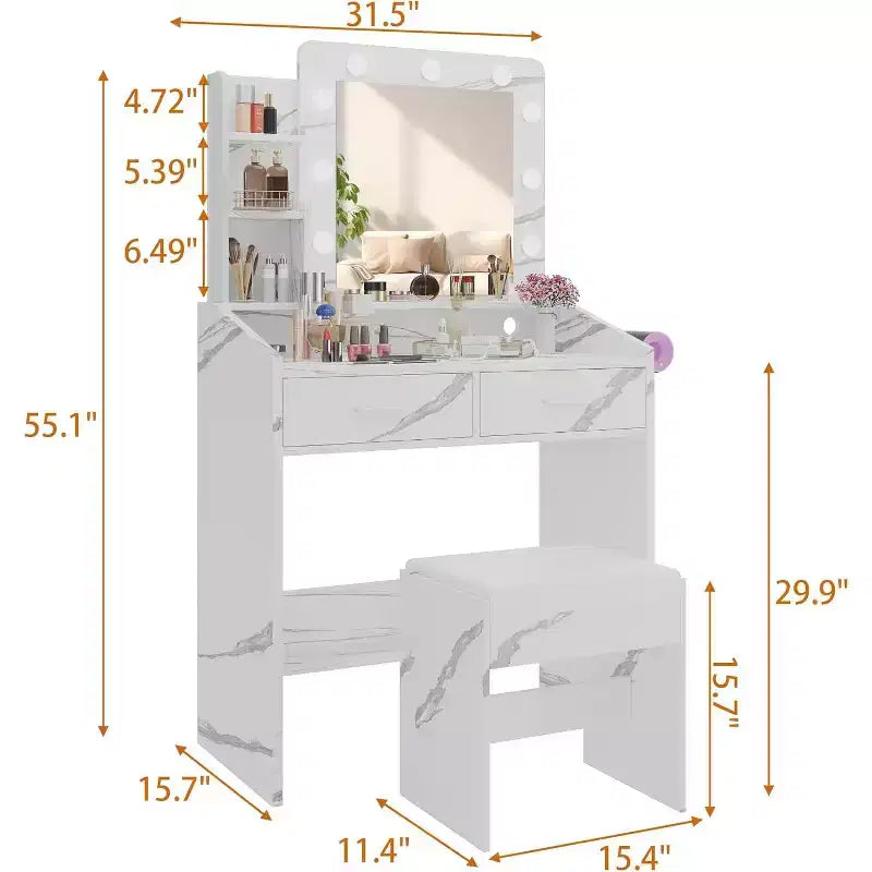 Vanity Desk with Mirror, Makeup Vanity with Cushioned Stool, 3 Lighting Modes Adjustable Brightness