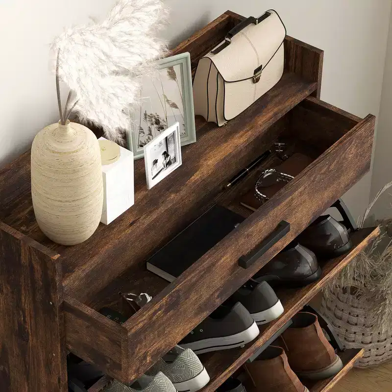 Slim Industrial Shoe Cabinet - 2 Flip Drawers, Adjustable Shelves, Holds 12 Pairs