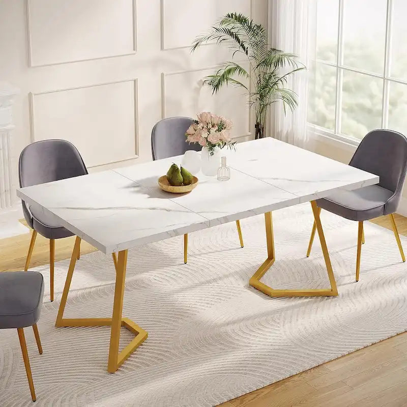 Dining Table – White & Gold / Brown / Grey, Faux Marble Top, Metal Frame, Adjustable Feet, Modern Style