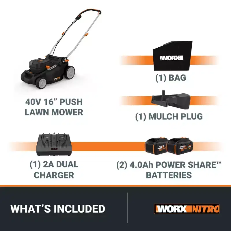 Worx Nitro WG737 40V 16 Cordless Push Lawn Mower with Brushless Motor (Batteries & Charger Included)