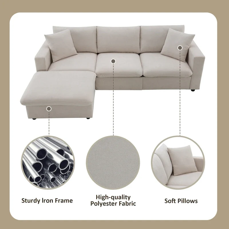 White L-Shaped Sectional Sofa with Ottoman, Seats 5