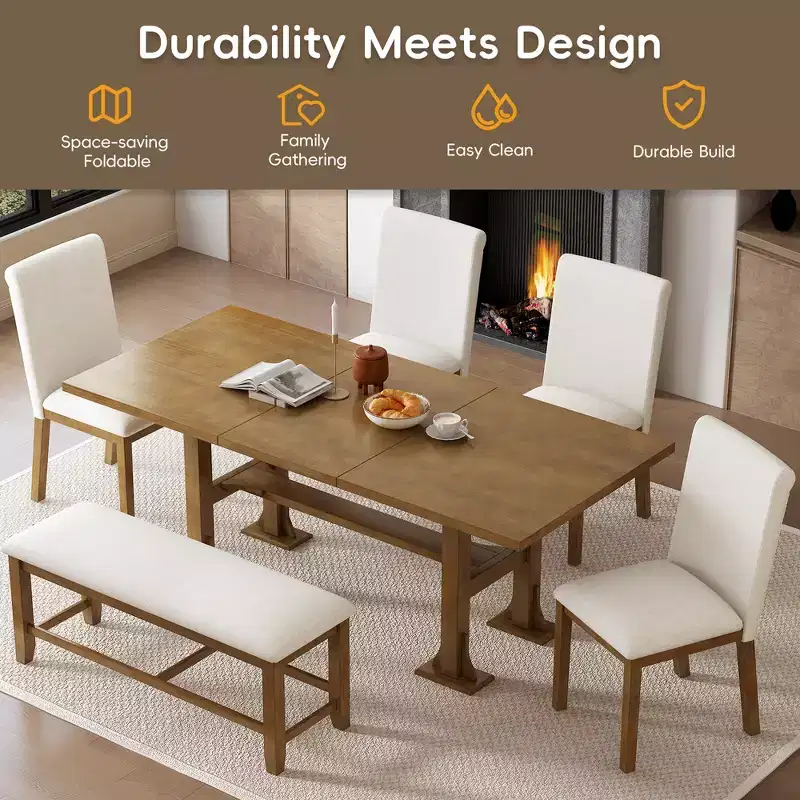 6 Pieces Dining Table Set with Bench for 6, Kitchen Table Set with Storage Drawer and 4 Upholstered Dining Chairs