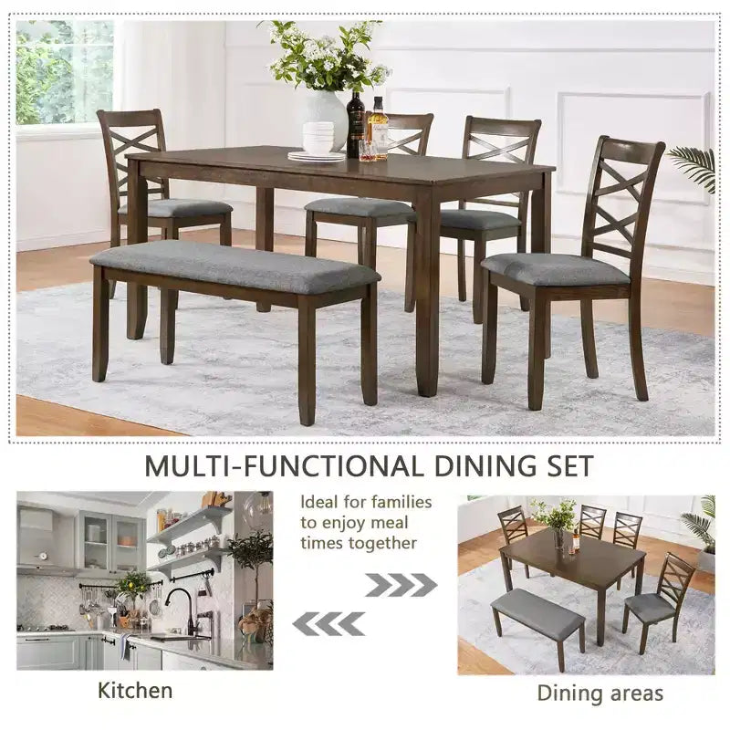 MAYEERTY 6-Piece Dining Set for 6, Wooden Rectangular Table + 4 Upholstered Chairs & Bench, Gray