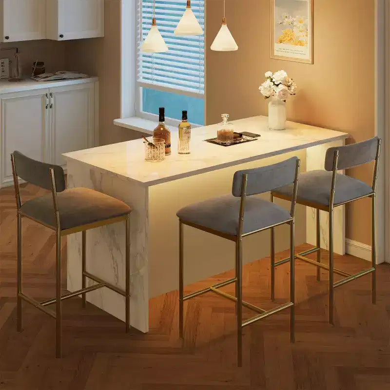 Bar Stools Set of 2, Kitchen Bar Stools with Footrest, 25.5 Inches Upholstered Bar Chairs with Back, 2 Counter Height Barstools for Counter Bar