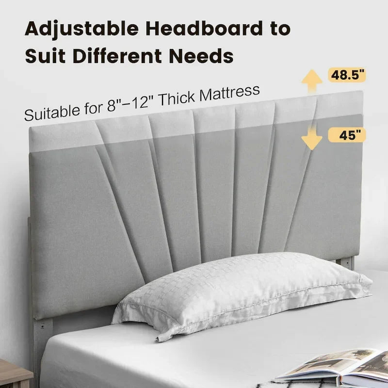 Linen Platform Bed Frame – Grey, Adjustable Headboard, 1 Pull-Out Drawer, Full / Queen, Sleeps 1